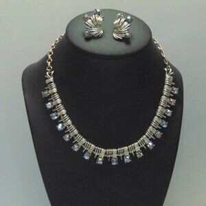 Coro Aurora Borealis Rhinestone Gold Tone Matching Earrings and Necklace Set Exc